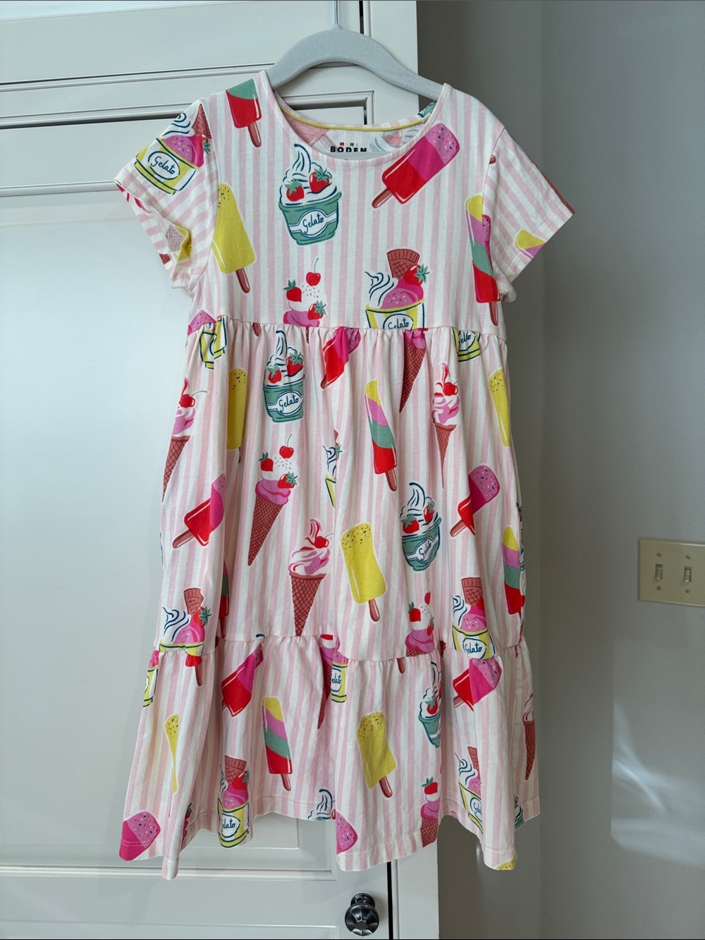 Mini Boden Pink Striped Ice Cream Print Tiered Dress